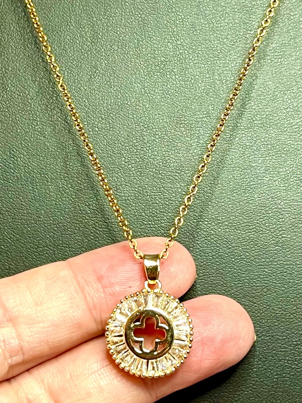 Elegant Gold-over Stainless Round Clover Sparkle CZ Pendant Necklace 16-18”